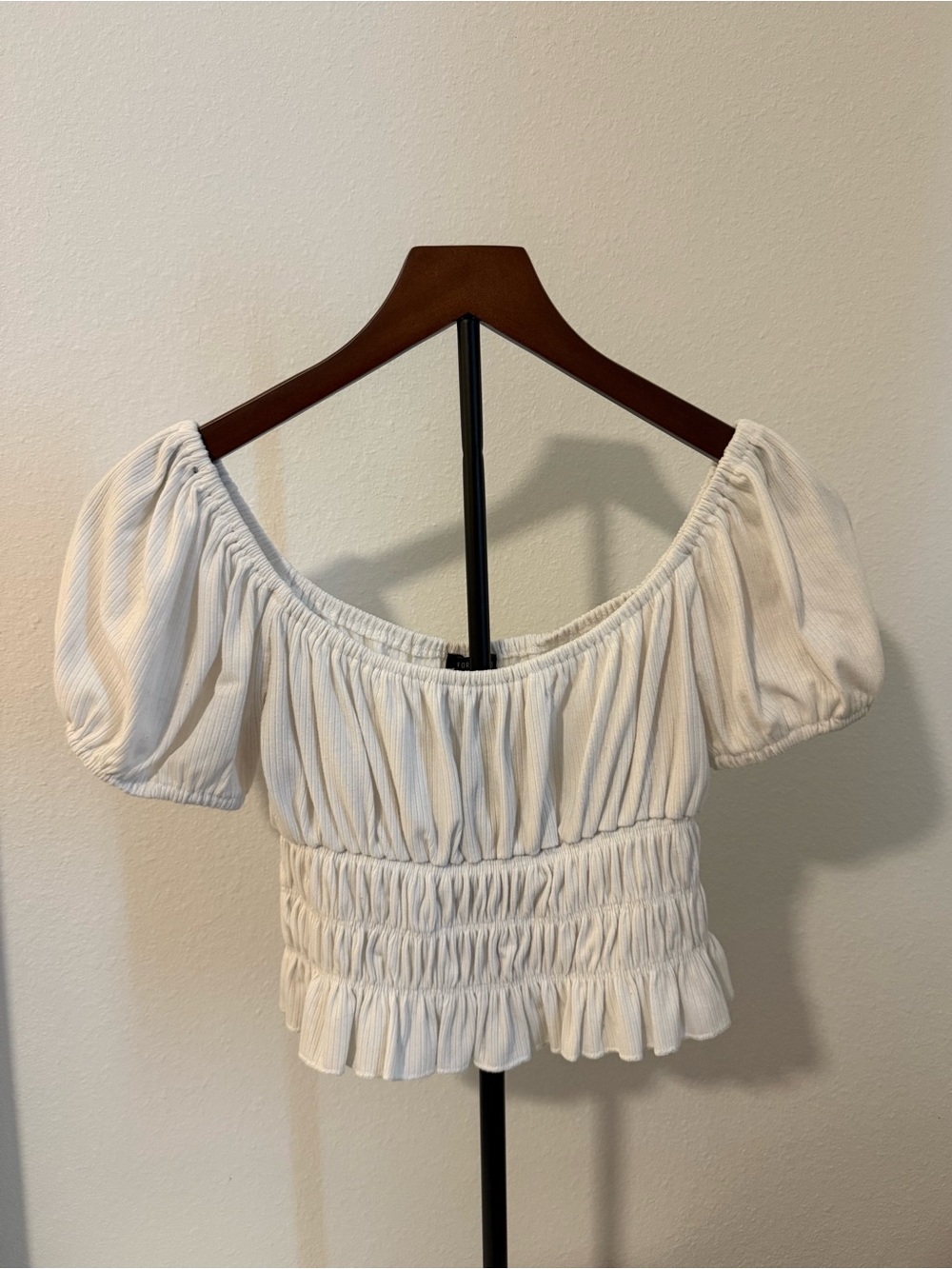 Forever 21 Cream Smocked Puff-Sleeve Crop Top